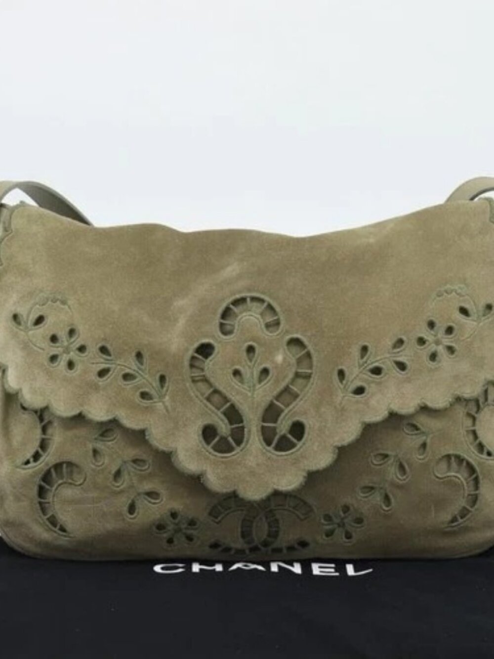 CHANEL Shoulder Bag Suede Leather Khaki Silver CC Auth mr2540A - Picture 11 of 16